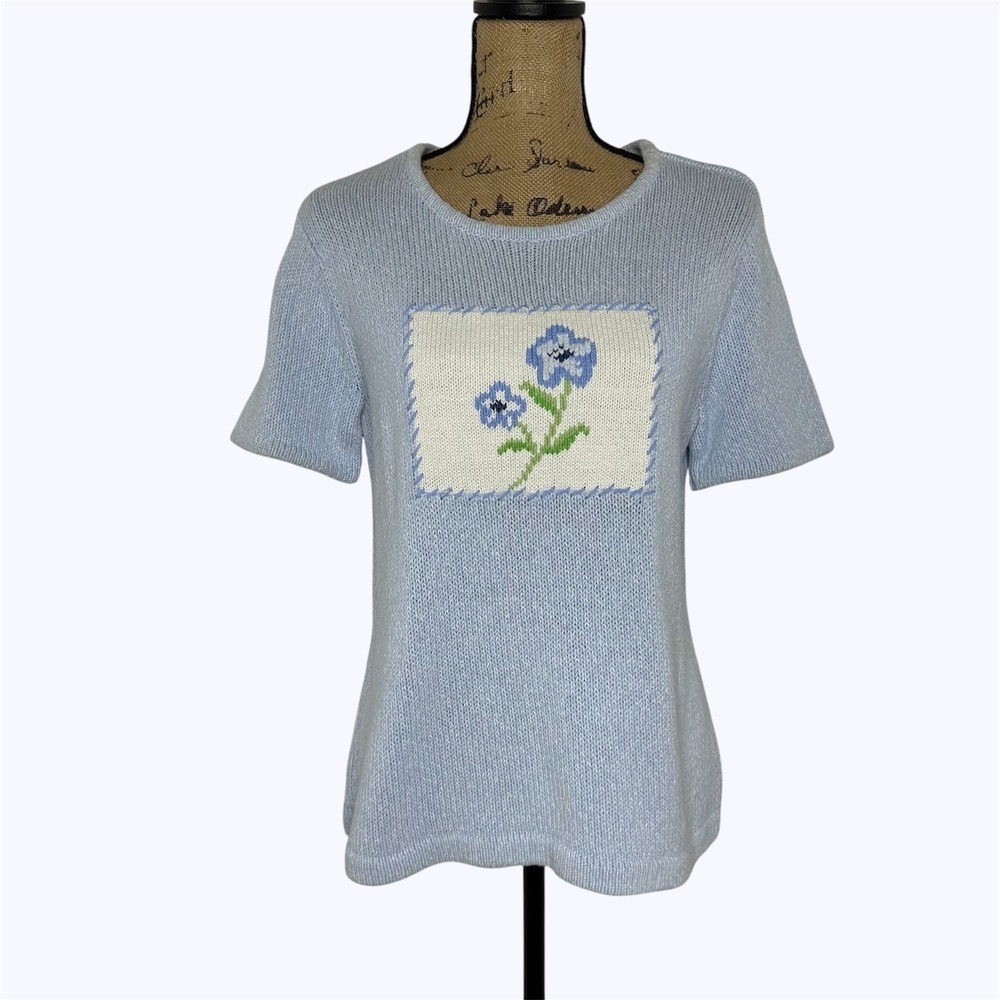 Crazy Horse Liz Claiborne Short Sleeve Sweater‎ Light Blue Cottage Spring Sz L